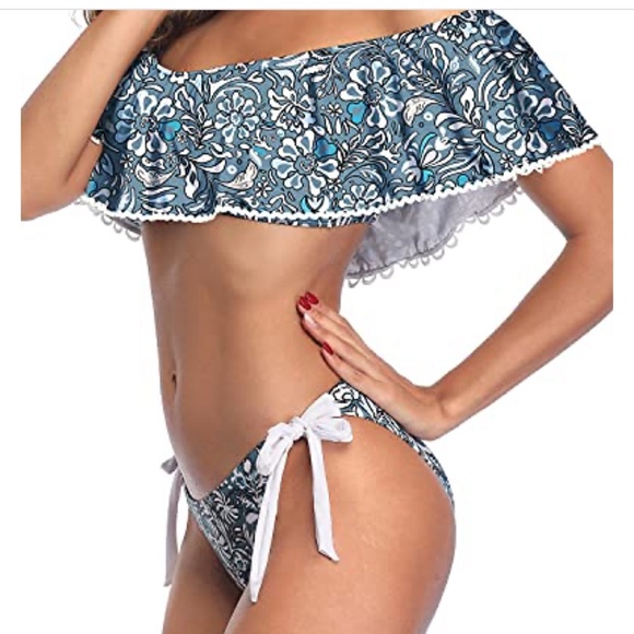 NWT - Tempt Me Cheeky Hipster Off Shoulder Ruffle Two Piece Bikini Black Floral - Picture 7 of 8